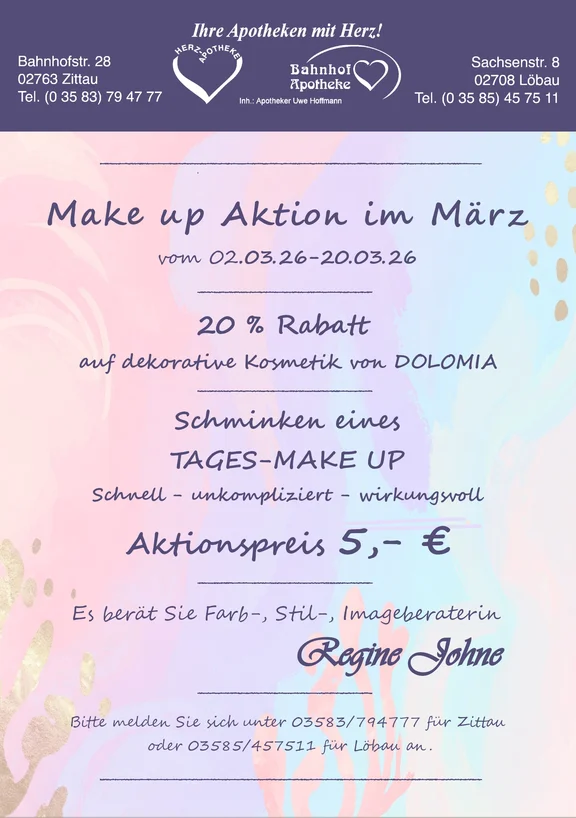 Fyler zur Make-up-Aktion in der Herz-Apotheke Zittau und Bahnhofsapotheke Löbau